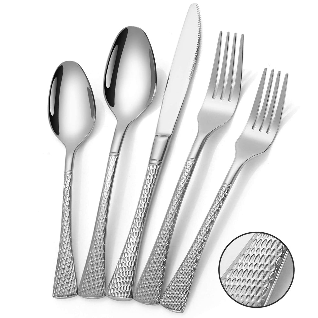 Lemeya Hammered Silver Gold Silverware Set for 8,Stainless Steel 40-Piece Modern Cutlery Set,Mirror Polished Heavy Duty Flatware Set Utensil Set,Knives Spoons and Forks Set,Dishwasher Safe