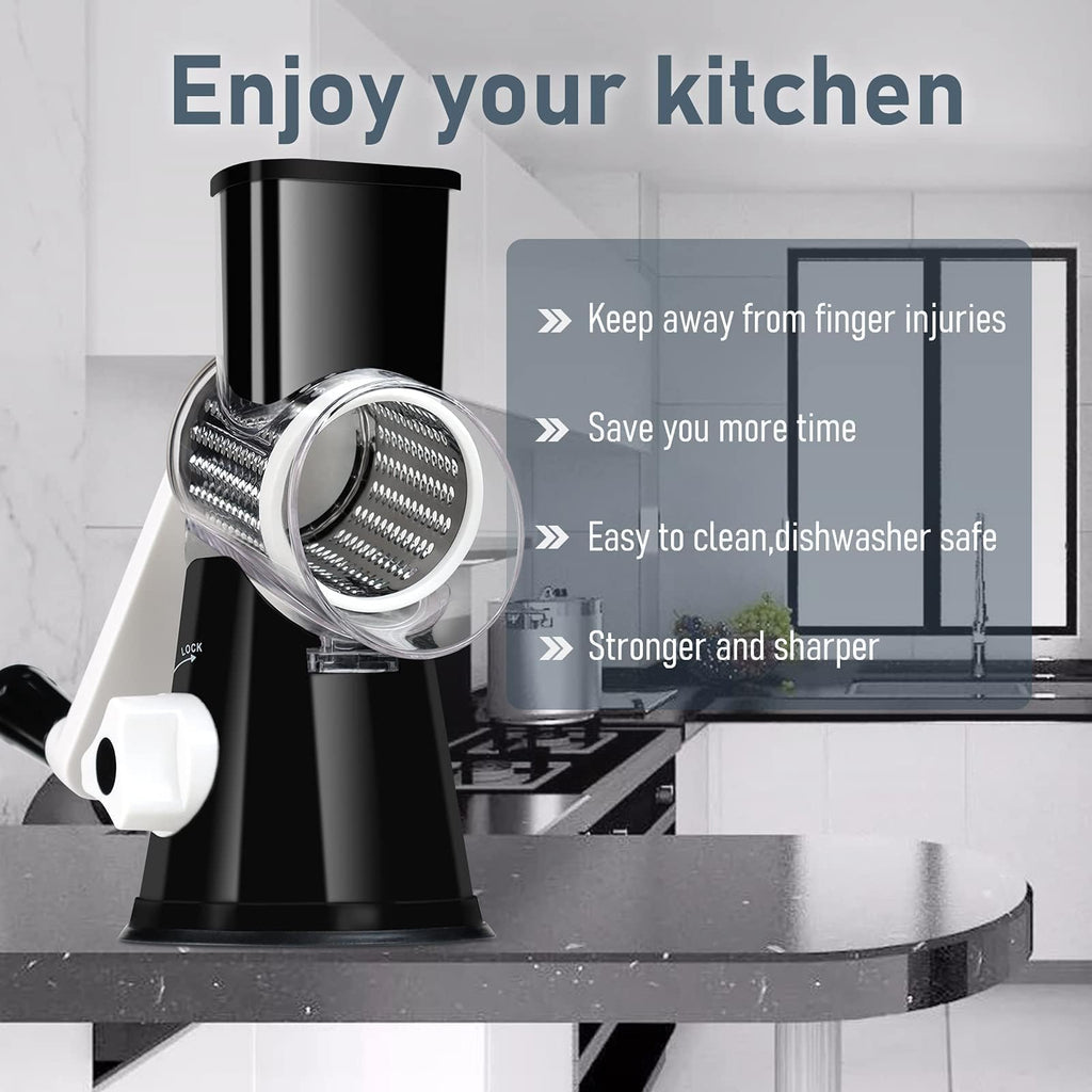KEOUKE Rotary Cheese Grater Hand Crank Black - Shredder Slicer Grinder 3 Stainless Steel Blades, Stable Suction, Labor-Saving Handle, Safe Kitchen Tool for Cheese, Vegetable, Nuts, Chocolate