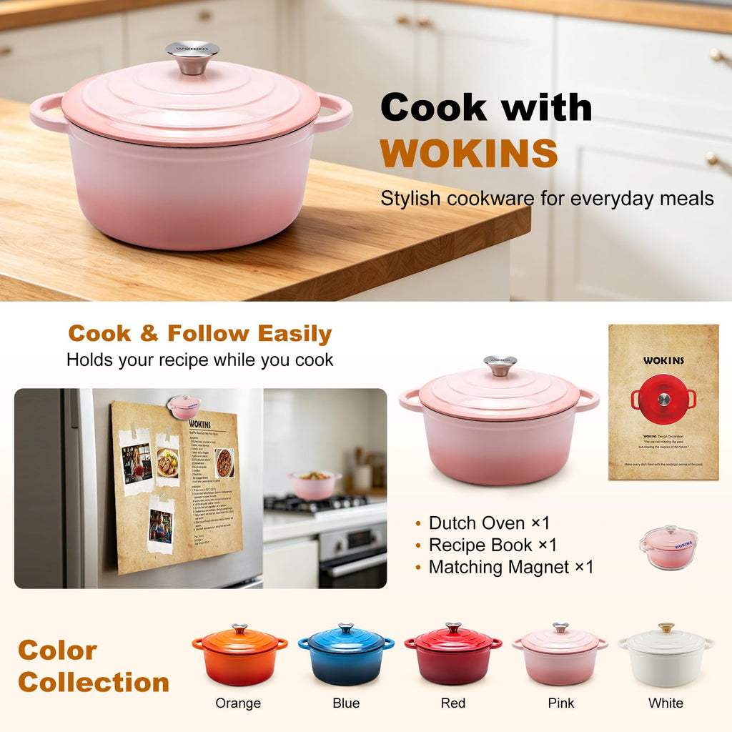 WOKINS 5.5-QT Enameled Cast Iron Round Dutch Oven With Lid,Oven safe,Pink