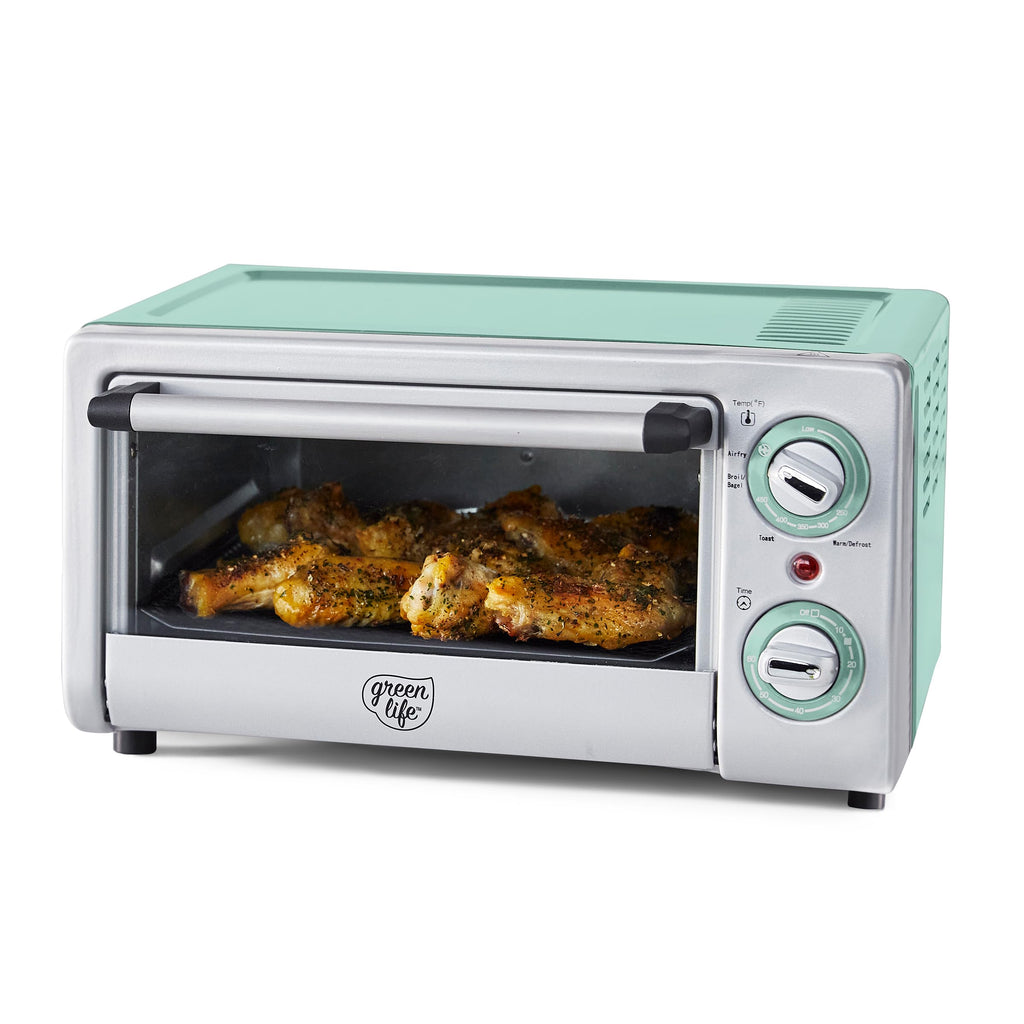 GreenLife Countertop Toaster Oven Air Fryer Stainless Steel, Healthy Ceramic Nonstick, PFAS Free, Tray & Basket, Bake, Broil, Reheat, Adjustable Temp & Time Control, Auto Shutoff, Turquoise