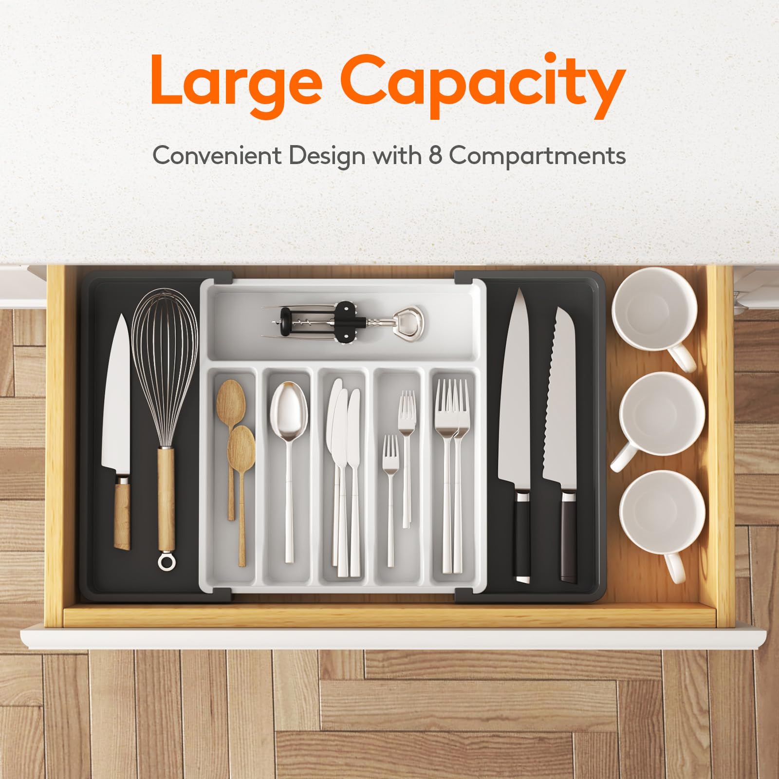 Lifewit Extra Large Silverware Drawer Organizer, Expandable Utensil Tray for Kitchen, BPA Free Flatware Cutlery Holder, Adjustable Plastic Storage for Spoons Forks Knives, 13-22 x 15, White&Black