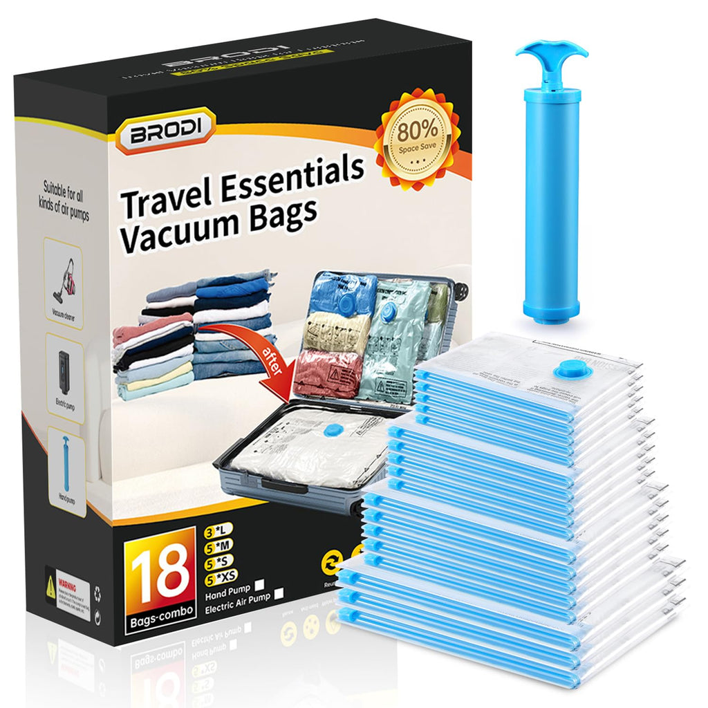 BRODI 18 Combo Pack Travel Vacuum Bags with Pump - Space Saver & Travel Essentials, Clothing & Luggage Vacuum Seal Bags