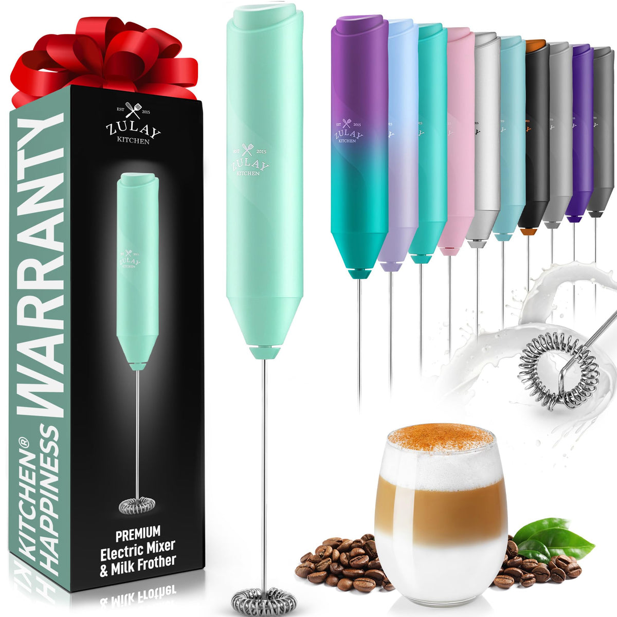 Zulay Kitchen Powerful Milk Frother Wand - Handheld Stainless Steel - Battery Operated Drink Mixer for Coffee, Lattes, Cappuccino, Matcha - Froth Mate Frother Gift - Cool Tide
