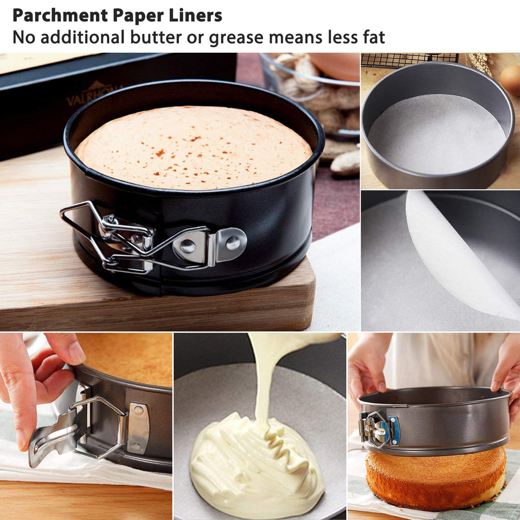 MASSUGAR Springform Pan 4 Pack 4-Inch Mini Cake Pan with 50 Pcs Parchment Paper Liners, Nonstick Leakproof Cheesecake Pan for Mini Cheesecakes Pizzas and Quiches
