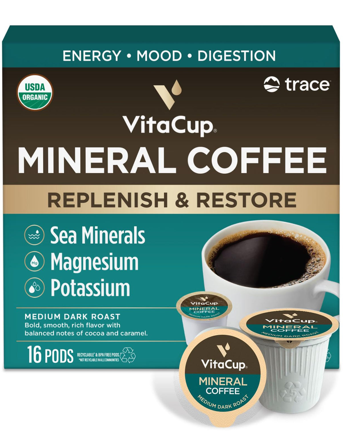 VitaCup Mushroom Coffee Pods, with Lions Mane for Memory & Clarity, 16ct