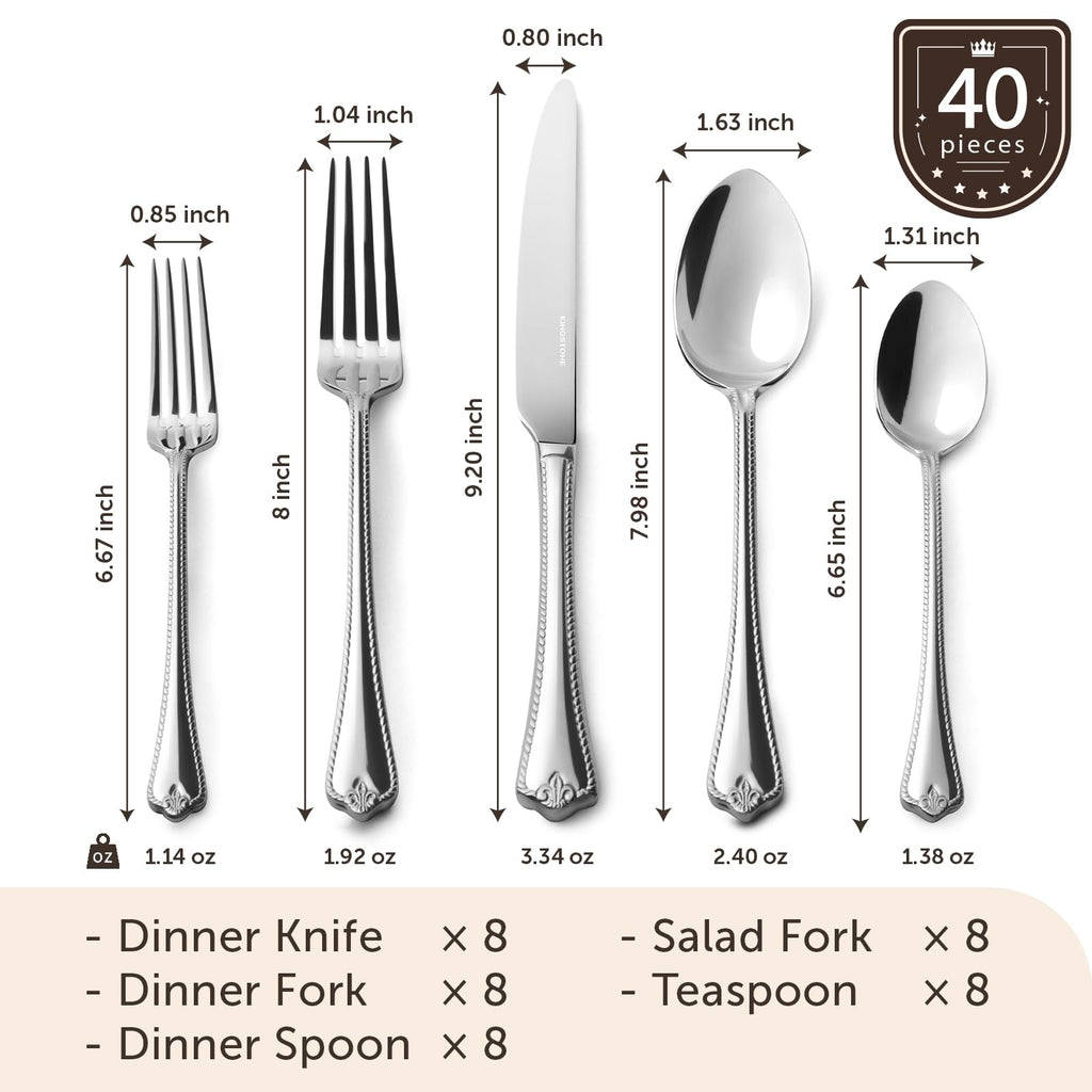KINGSTONE 40-Piece Silverware Set, 18/10 Stainless Steel Flatware Set for 8
