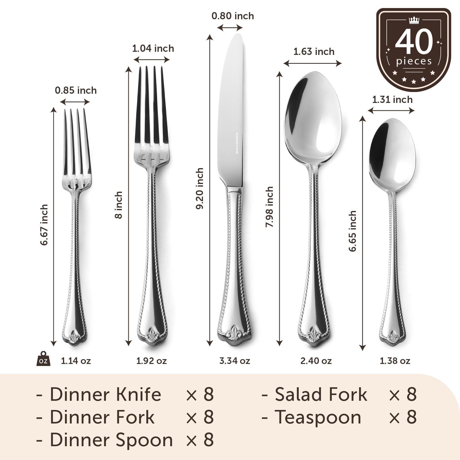 KINGSTONE 40-Piece Silverware Set, 18/10 Stainless Steel Flatware Set for 8