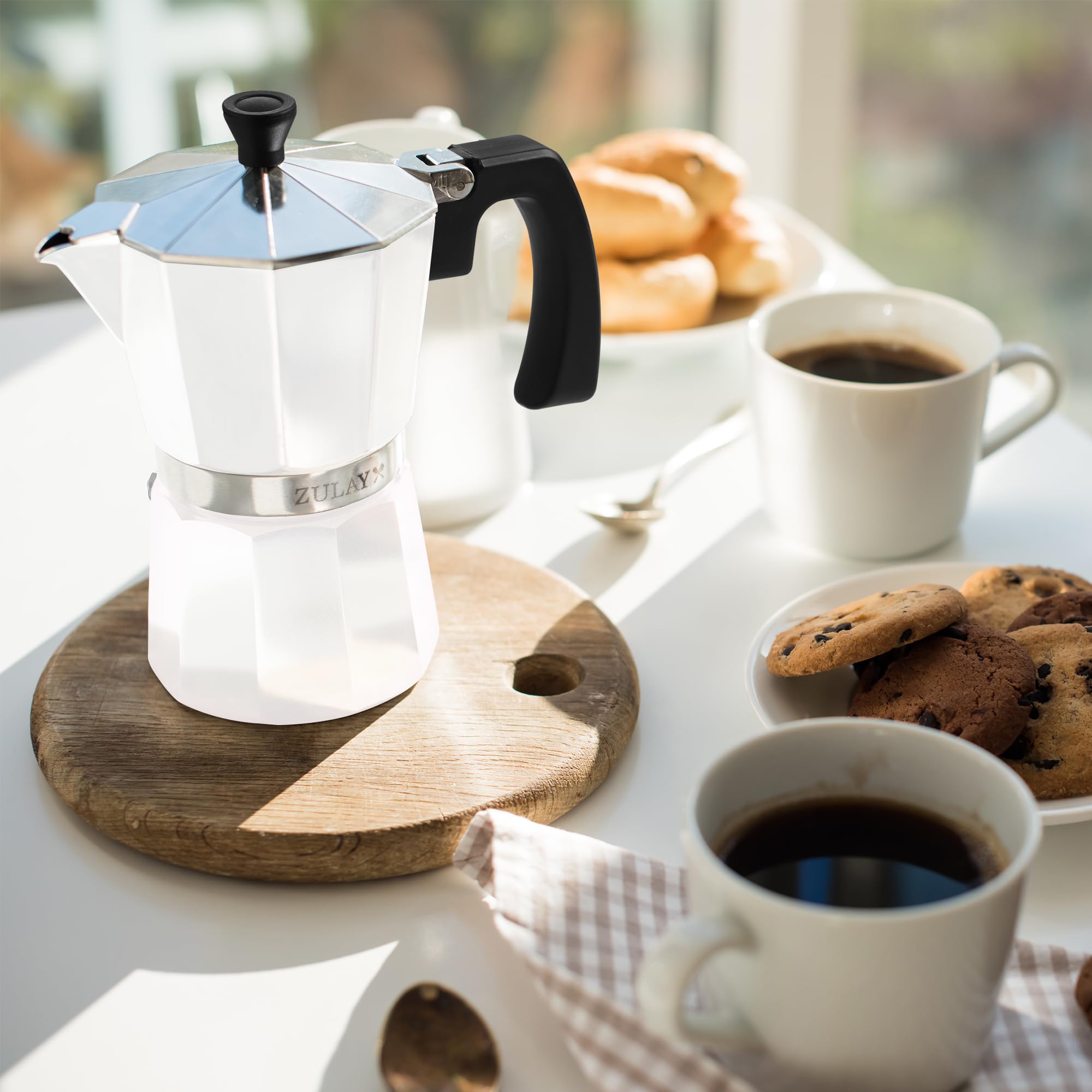 Zulay Moka Pot Espresso Stovetop Coffee Maker - Leak-Proof, Stainless Steel, Easy to Clean, Heat Resistant Handle & Knob - for Authentic Cuban & Italian Style Espresso - Makes 6 Espresso Cups - White