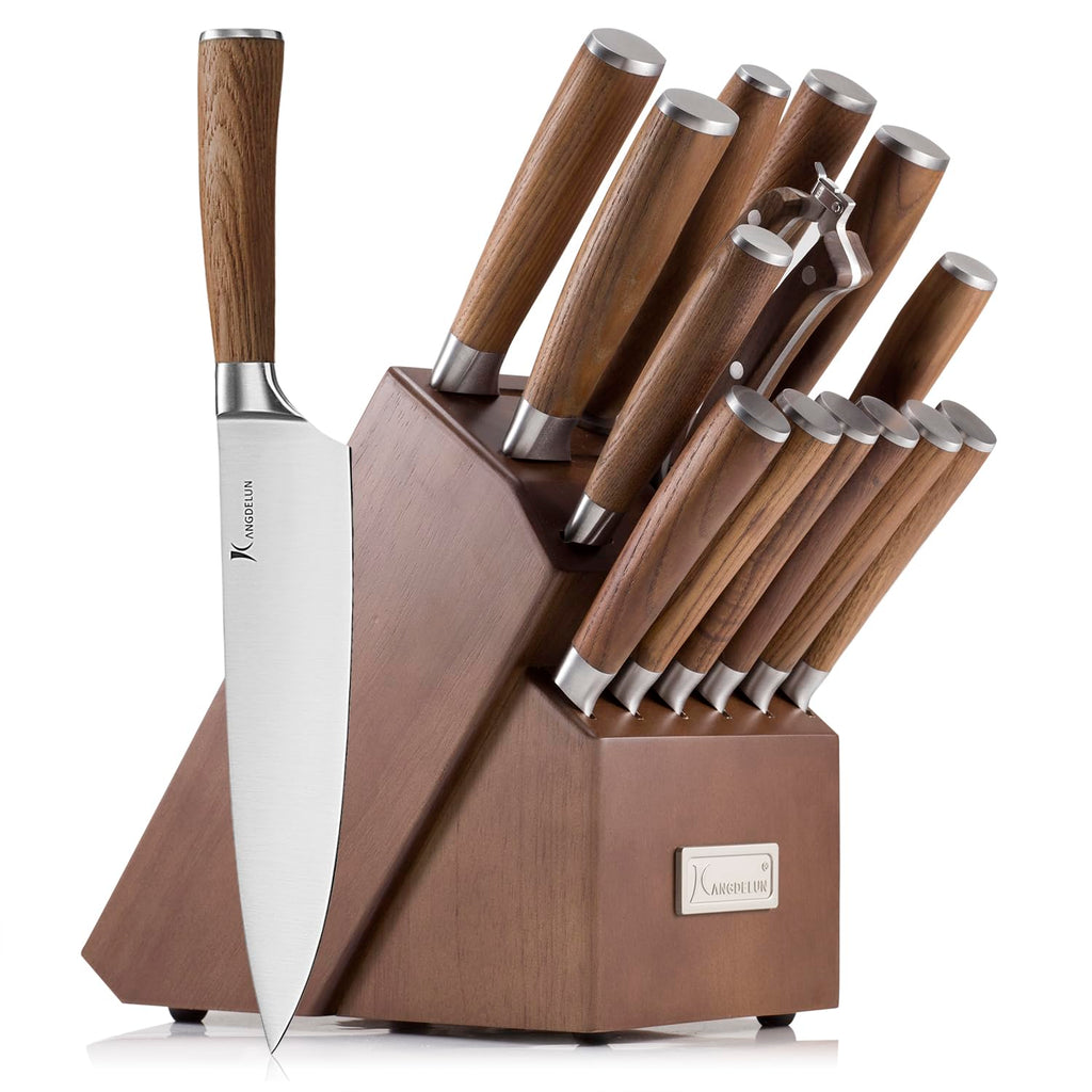 Kangdelun Ultra Sharp 15-Piece Knife Set, 50Cr15MoV High-Carbon Stainless Steel, Torrefied Brown Ash Wood Handles, Angled Dark Brown Wood Block, Easy Hand Wash, Gift Box