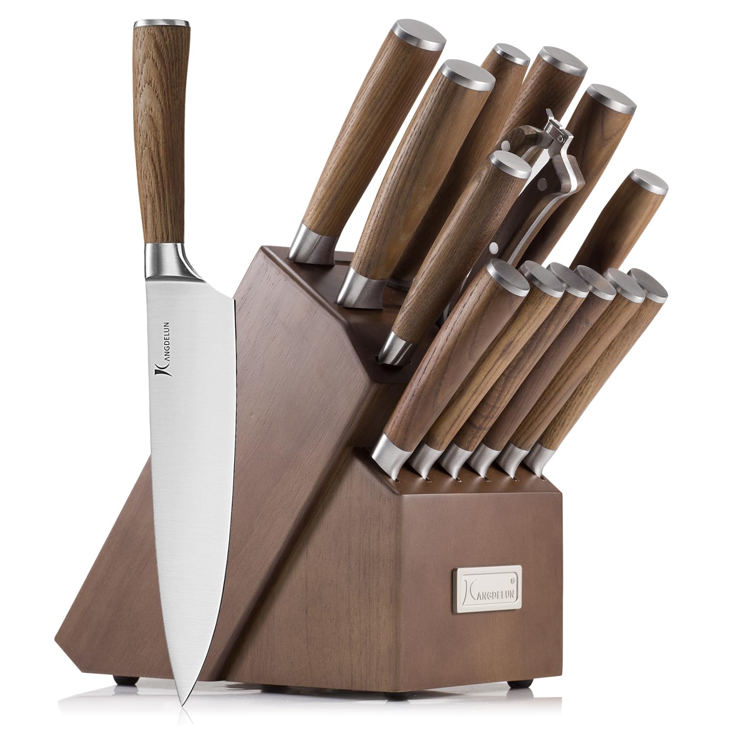 Kangdelun Ultra Sharp 15-Piece Knife Set, 50Cr15MoV High-Carbon Stainless Steel, Torrefied Brown Ash Wood Handles, Angled Dark Brown Wood Block, Easy Hand Wash, Gift Box
