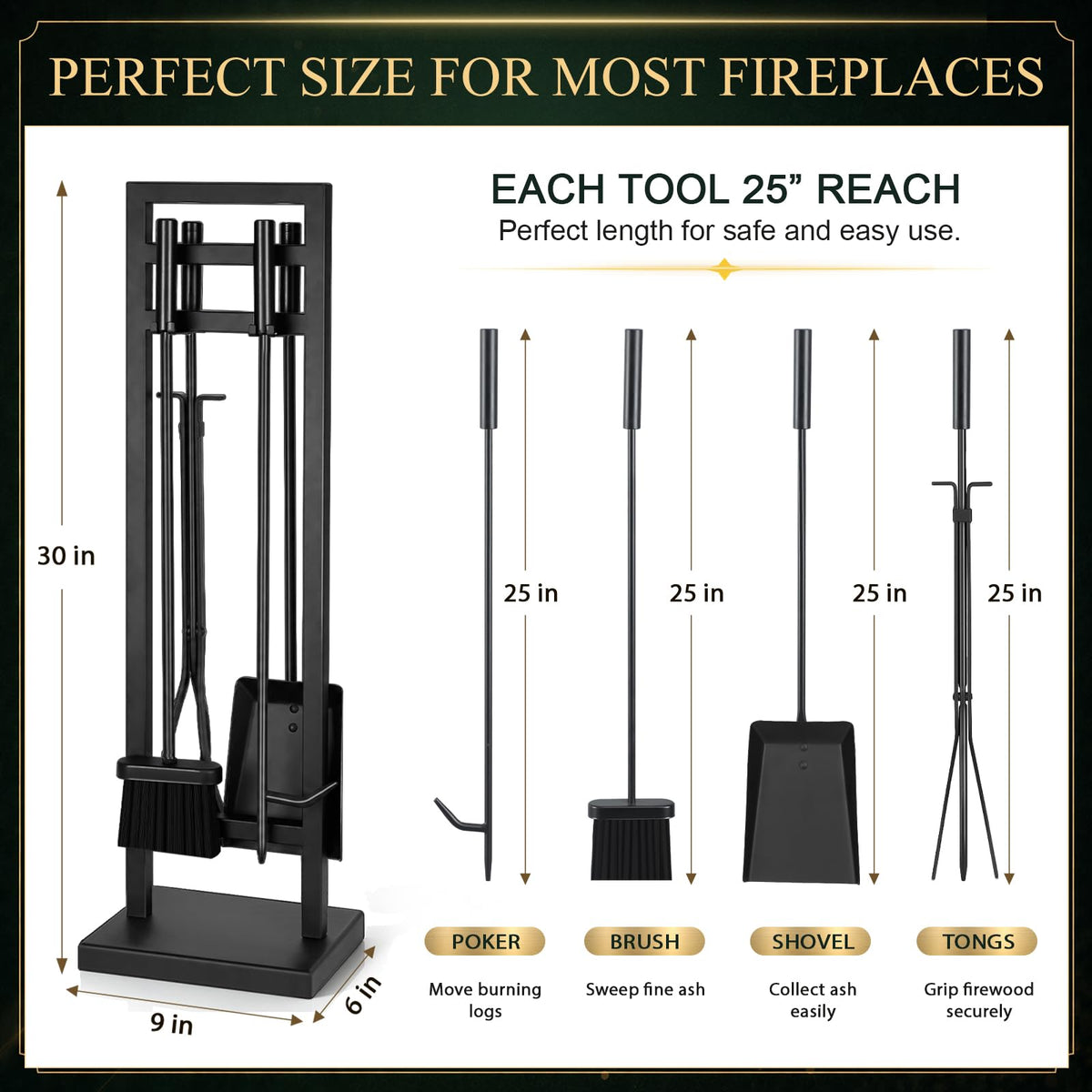 FEED GARDEN 5-Piece Fireplace Tool Set, 30" One-Piece Stand, Wrought Iron