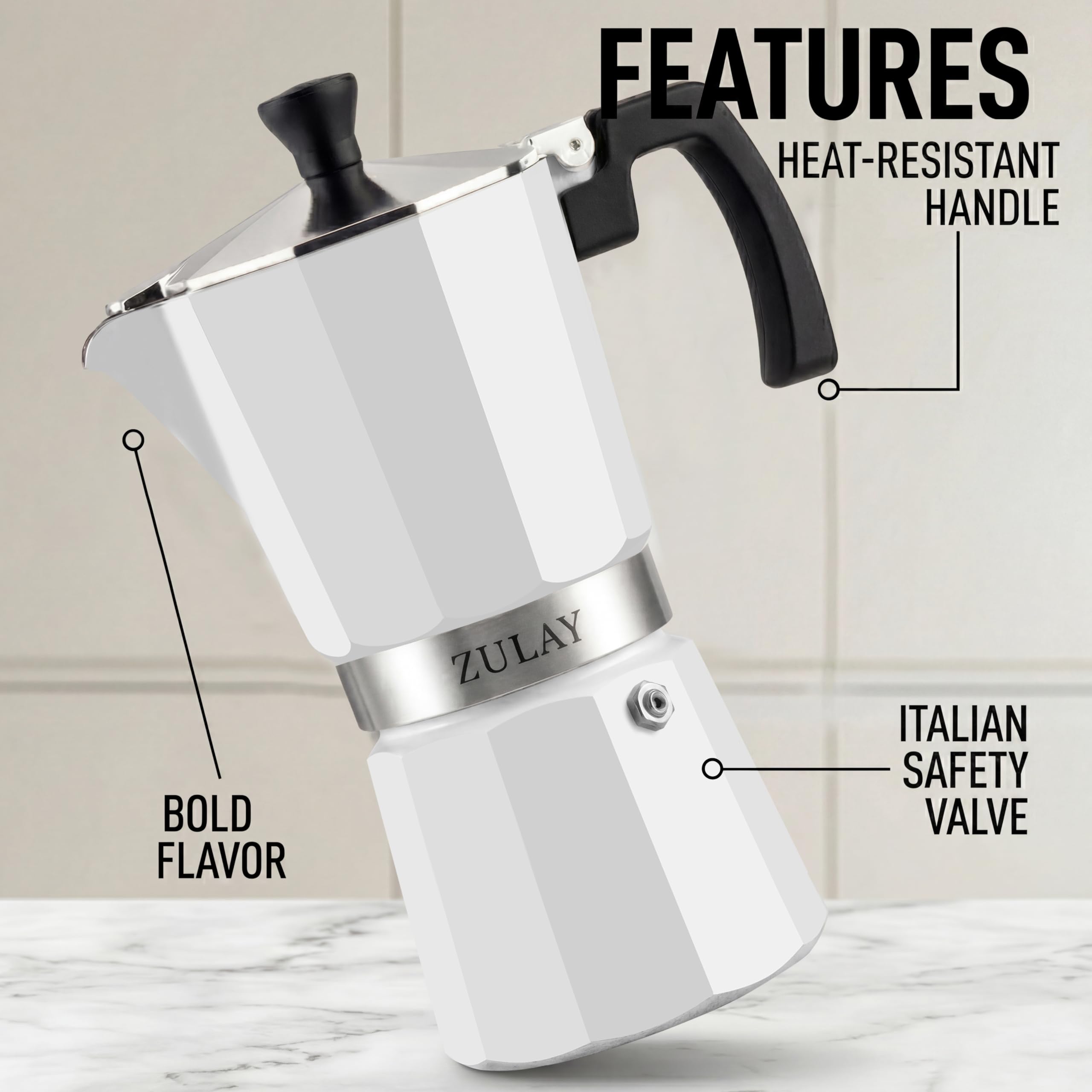 Zulay Moka Pot Espresso Stovetop Coffee Maker - Leak-Proof, Stainless Steel, Easy to Clean, Heat Resistant Handle & Knob - for Authentic Cuban & Italian Style Espresso - Makes 12 Espresso Cups - White
