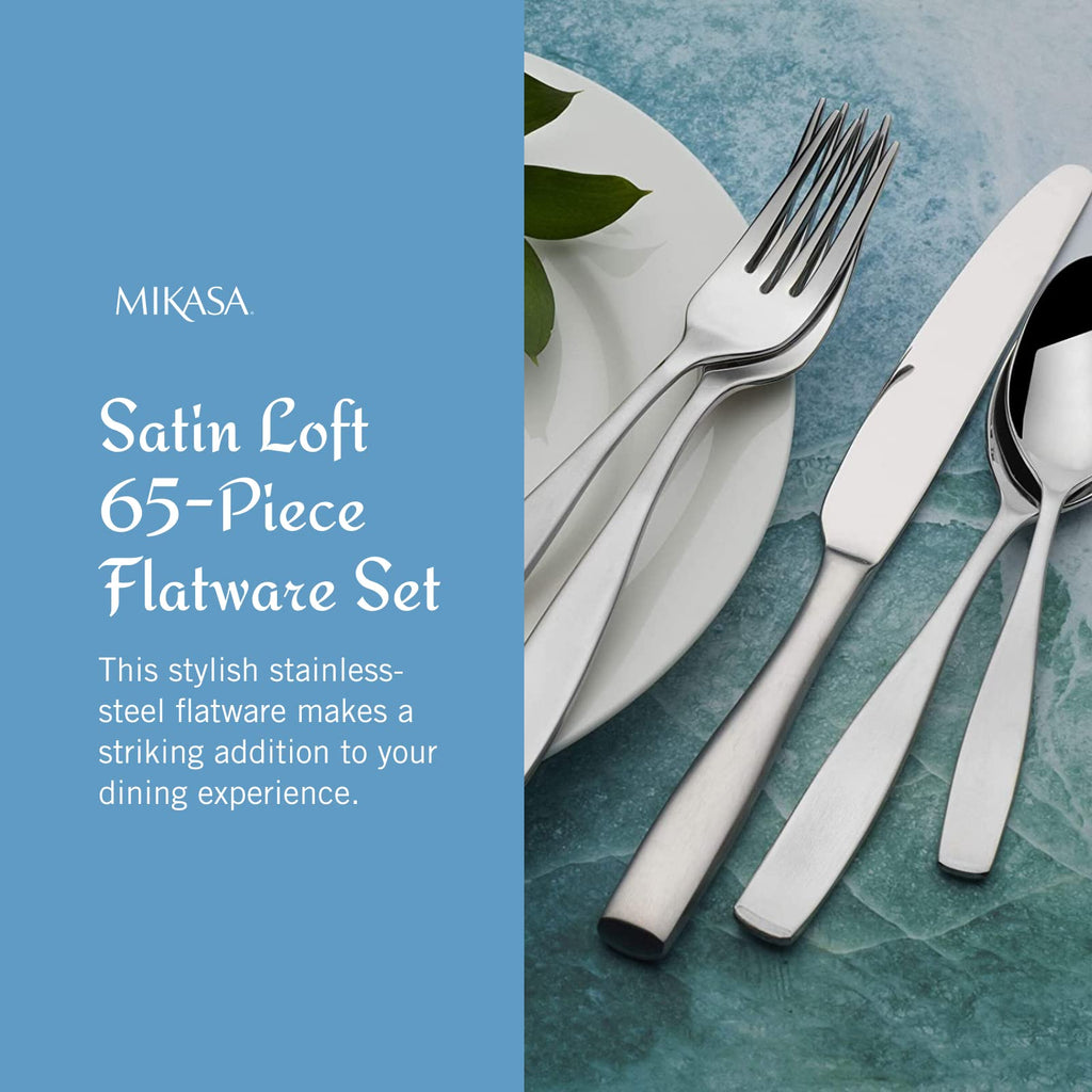 Mikasa Satin Loft 65-Piece Flatware Set, Service for 12, 18/10 Stainless Steel Silverware with Satin Finish, Includes Serving Utensils, Dishwasher Safe