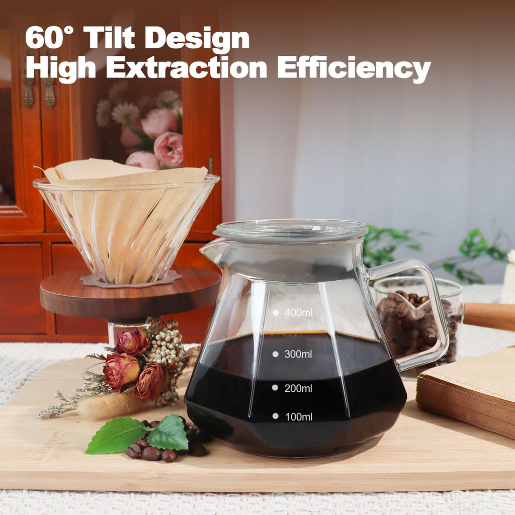 DITOSH Pour Over Coffee Maker 13.5oz Portable Glass Coffee Maker High Borosilicate Glass Eagle Beak Spout Design with 50 Pcs Filter Paper Walnut Wood Base for Pour Over for Daily Brewing 400ml