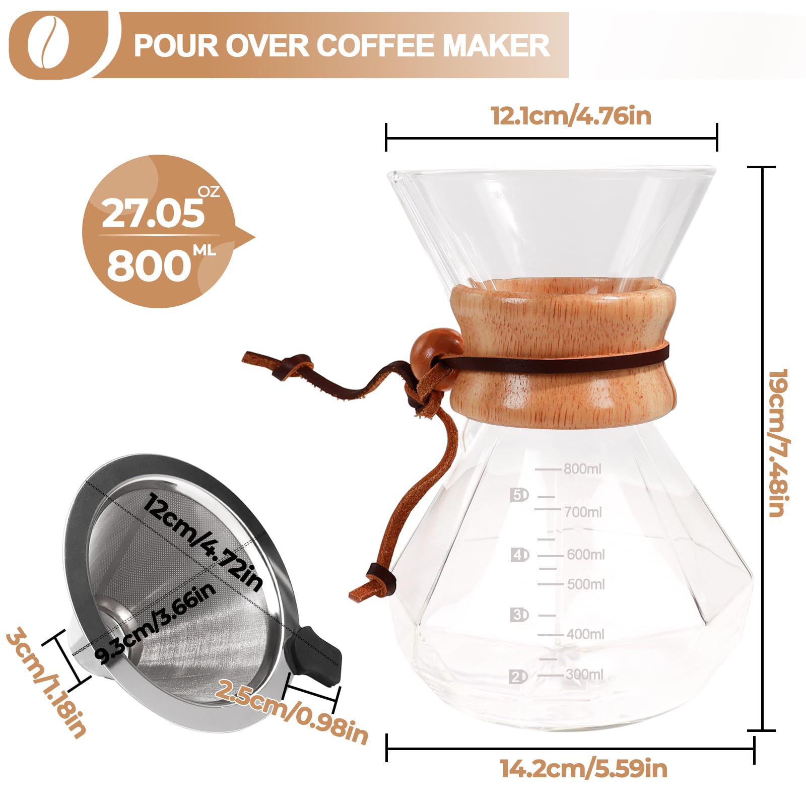 Mogrecha Pour Over Coffee Maker 800ml with 304 Stainless Steel Filter Wooden Collar Holder Borosilicate Glass Drip Coffeemaker Server Set Clear Hand Brew Dripper Carafe for Home Camping Travel 27oz