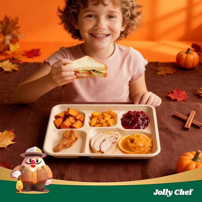 JOLLY CHEF Compostable 5 Compartment Paper Plates 10 * 8.25 * 1 inch 125 Pack Small Disposable Eco-Friendly Biodegradable Food Trays for Primary and Secondary School Students’ Lunch (Brown)