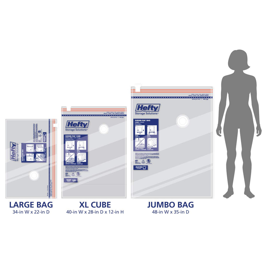 Hefty Shrink-Pak Starter Kit - 2 Large, 1 XL Cube, 1 Jumbo Vacuum Seal Storage Bag and Hand Pump – Space Saver Bags for Clothing, Pillows, Towels, or Blankets, 5 Pc Set