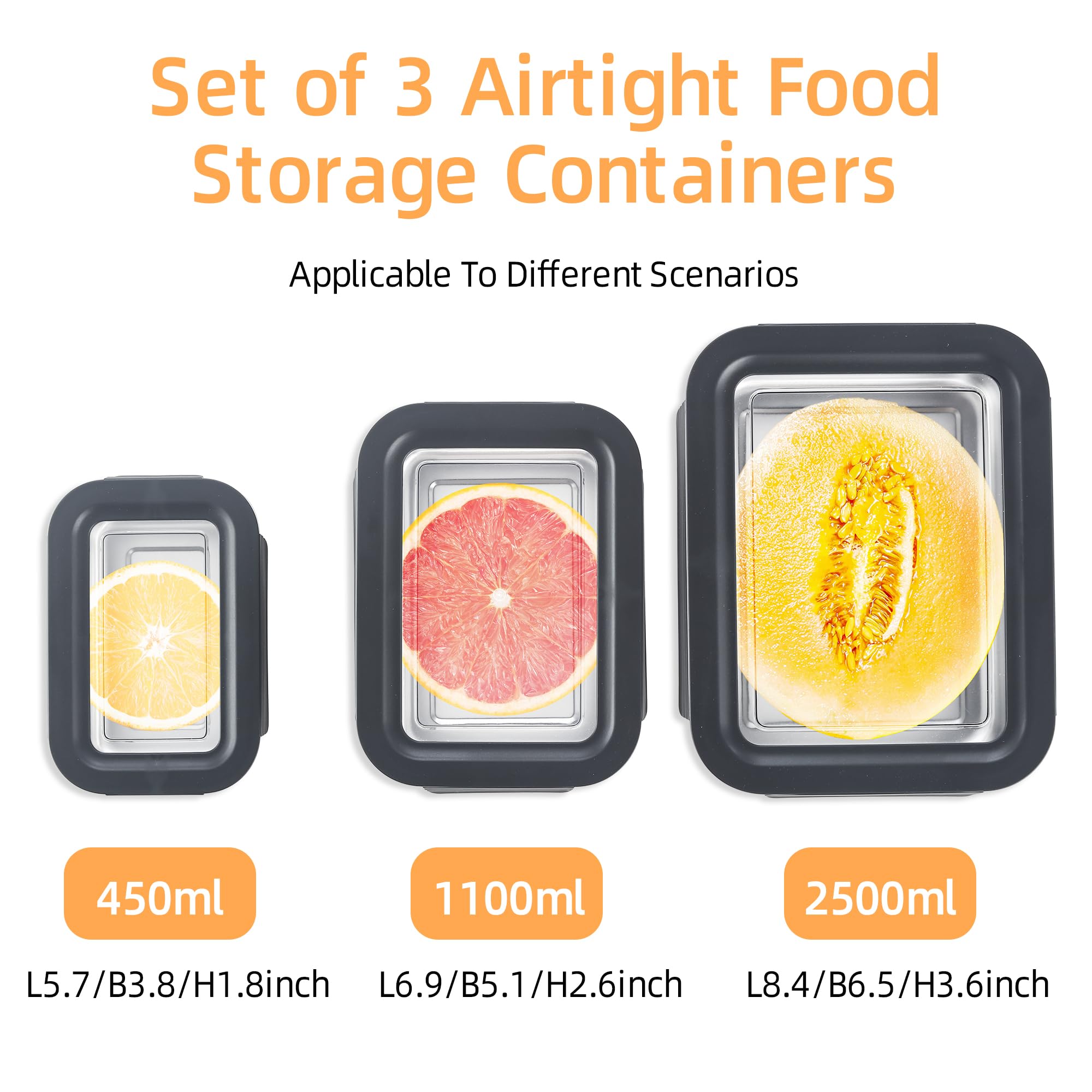 BEFOY Stainless Steel Food Storage Containers with Lids Airtight Bento Lunch Box for Kitchen Leak Proof Meal Prep Stackable Set of 3(450/1100/2500)