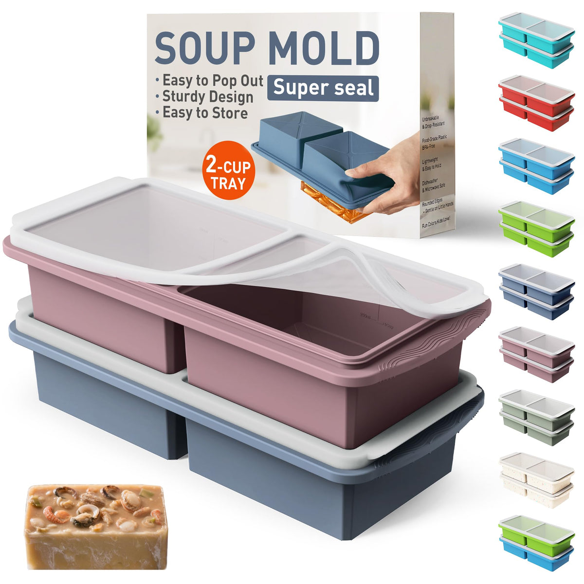 Silicone Freezer Tray with Lid Soup Freezer Container Molds with Steel Reinforced Rim for Freezing Soup Sauce Broth Leftovers large Ice Cube Molds Oven Dishwasher Safe Ice Trays for Freezer with Bin
