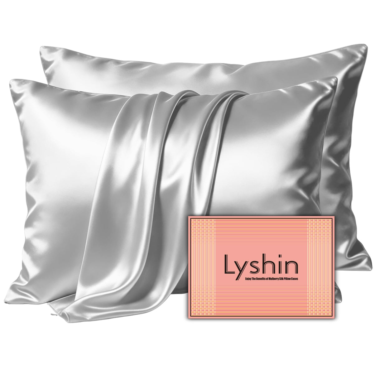 LYSHIN Silk Pillow Cases Standard Size with Hidden Zipper, Silver Grey