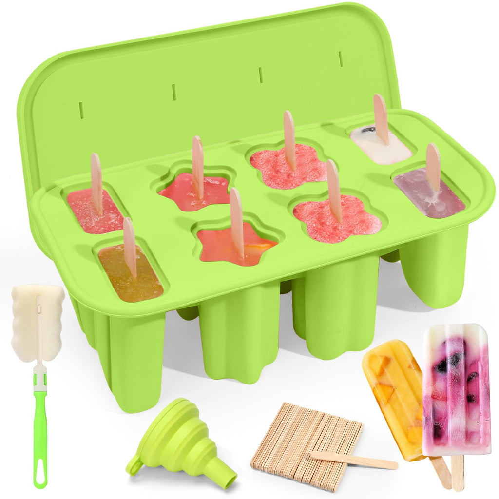 Firstfooby Popsicles Molds, 8-Cavity Silicone Popsicle Molds with 50 Sticks, BPA-Free Ice Pop Mold Popsicle Maker with Funnel & Cleaning Brush for Kids Adult Teens