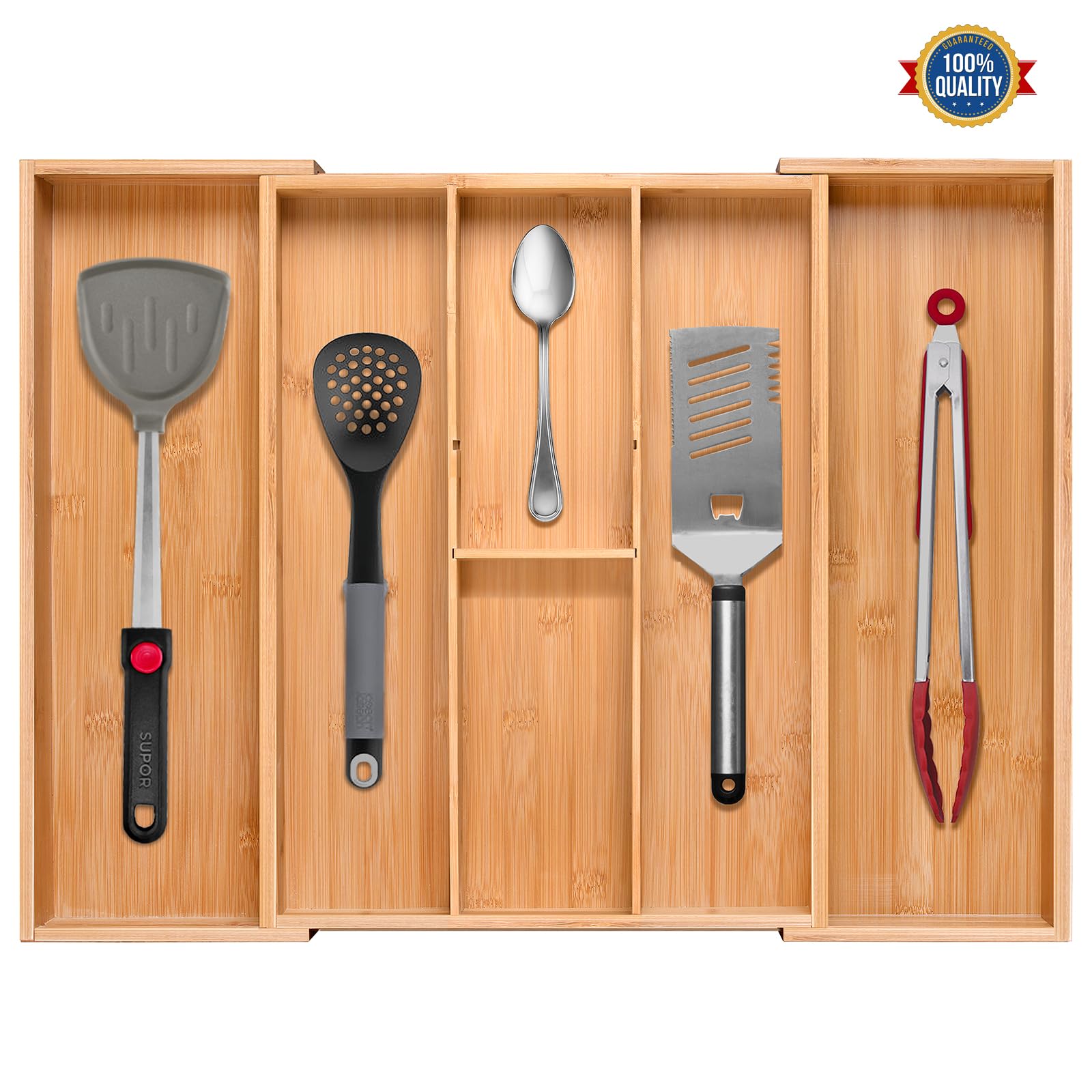 guiogc Bamboo Silverware Organizer, Expandable Kitchen Drawer Organizer and Utensil Organizer, Cutlery Tray with Drawer Dividers for Kitchen Utensils and Flatware, Bedroom, Living Room (Natural)