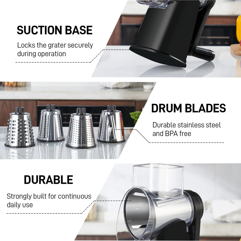 VEKAYA Rotary Cheese Grater Hand Crank, 4 blades Cheese Shredder (Black)