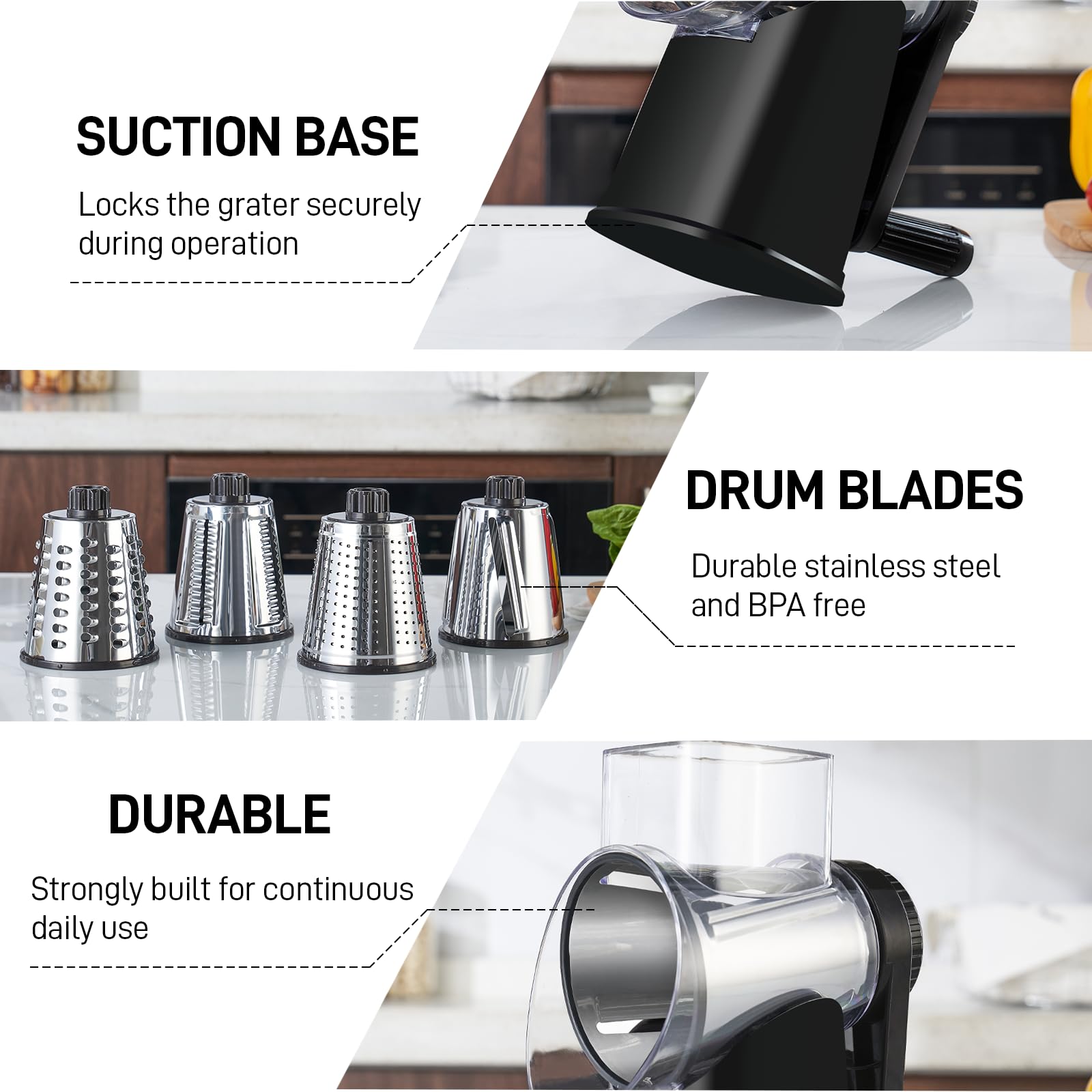 VEKAYA Rotary Cheese Grater Hand Crank, 4 blades Cheese Shredder (Black)