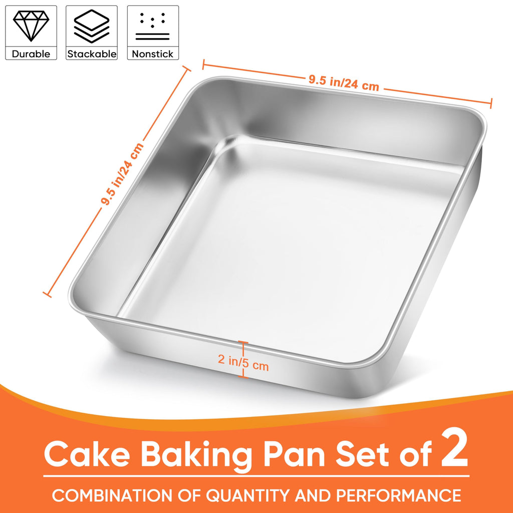 Herogo 9 x 9 x 2 Inch Baking Pan Set of 2 for Oven, Stainless Steel Square Cake Pan for Lasagna Brownies Casseroles Cakes, Dishwasher Safe & Durable