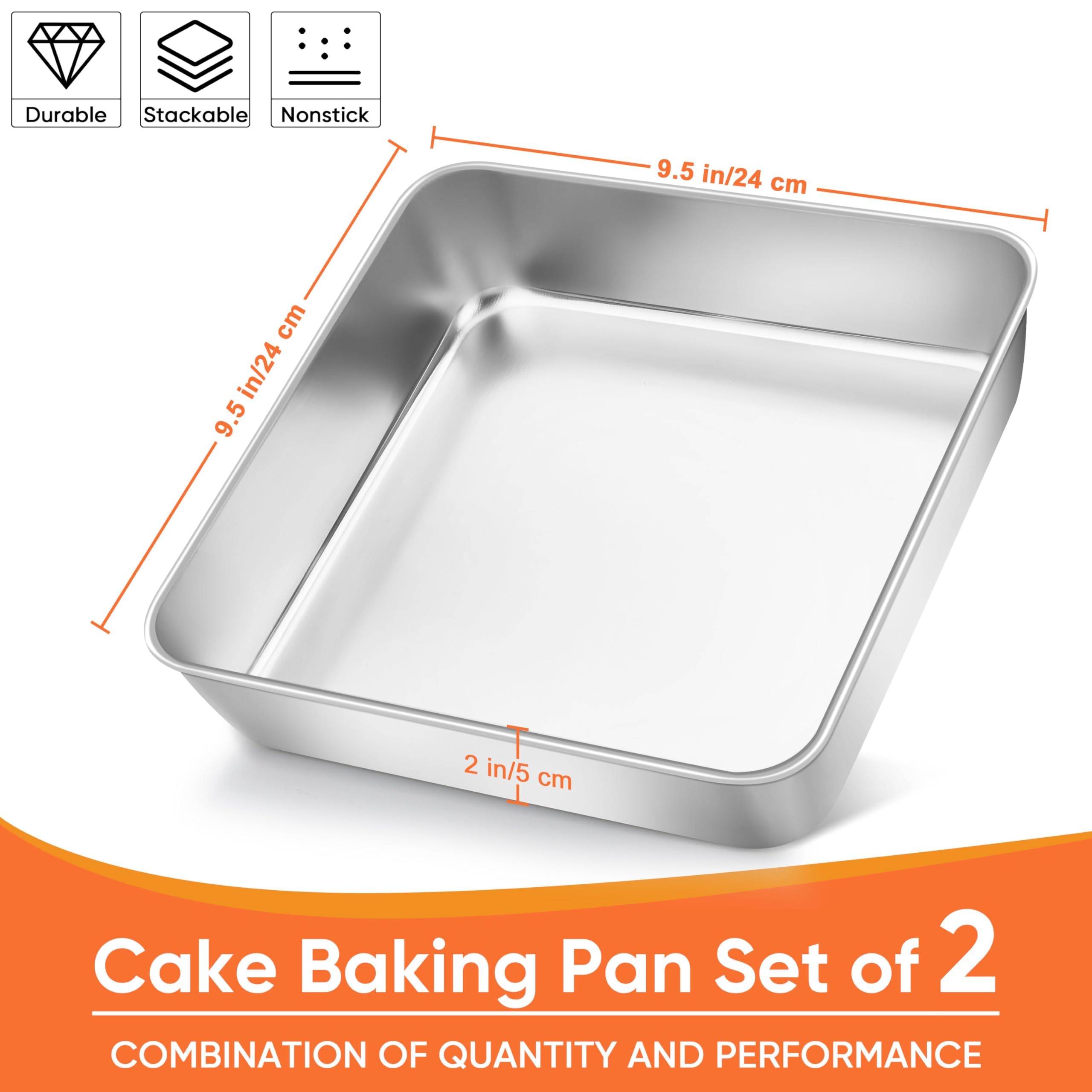 Herogo 9 x 9 x 2 Inch Baking Pan Set of 2 for Oven, Stainless Steel Square Cake Pan for Lasagna Brownies Casseroles Cakes, Dishwasher Safe & Durable