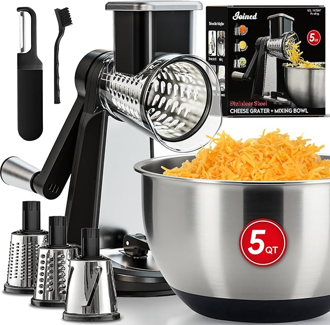 Joined Stainless Steel Rotary Cheese Grater with Elevated Stand and 5 Qt Mixing Bowl - Mandoline Slicer with 3 Stainless Steel Drum Blades-Cheese Shredder Round Mandoline & Food Chopper with Peeler