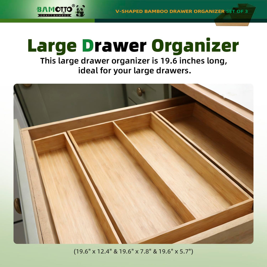 BAMOTTO CRAFTBAMBOO Large Long V-Shaped Bamboo Drawer Organizer Set of 3