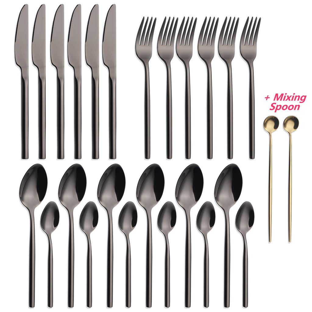 CHAAMFORGE 24 Piece Silverware Set For 6 Black Heavy duty 18/10 Stainless Steel Flatware Set Modern Design Knife/Fork/Spoon Mirror Polished Dishwasher Safe Cutlery Set with Gifts