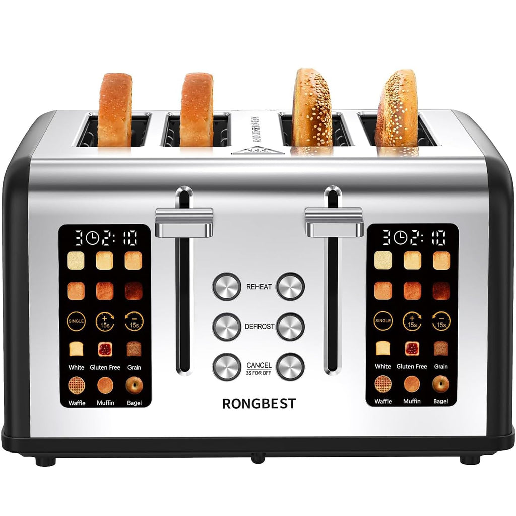 4 Slice Touch Screen Toaster with Wide Slots Stainless Steel Digital Toasters for Family Breakfast, Even Toasting for Bagel & Bread, Reheat Defrost Cancel, Removable Crumb Tray, Silver