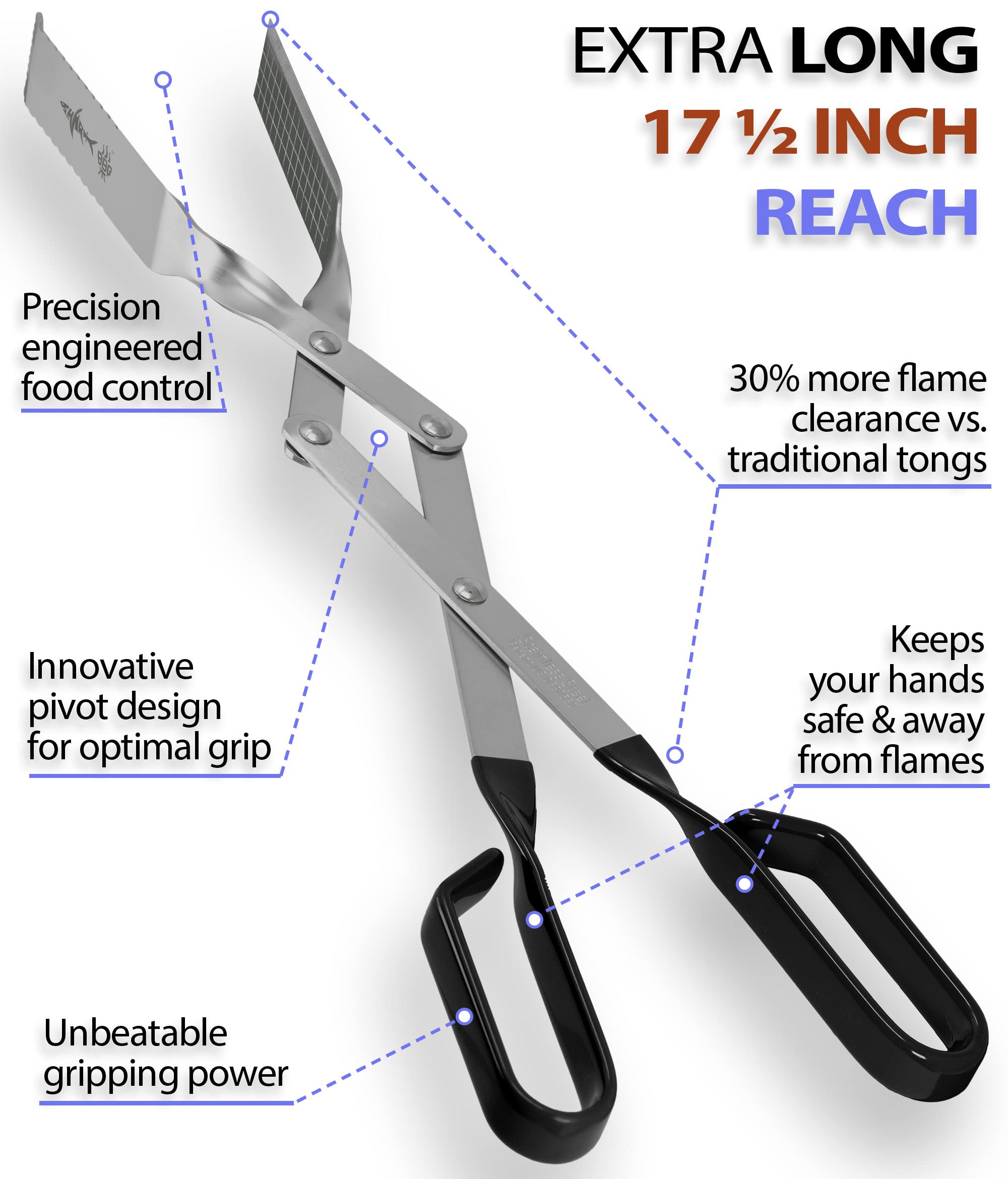 Shark BBQ Tongs for Steaks, 2-Pack 17" & 13" Professional Kitchen and Outdoor Grilling Utensil Set, by Shark BBQ Grill Tongs -(Black)