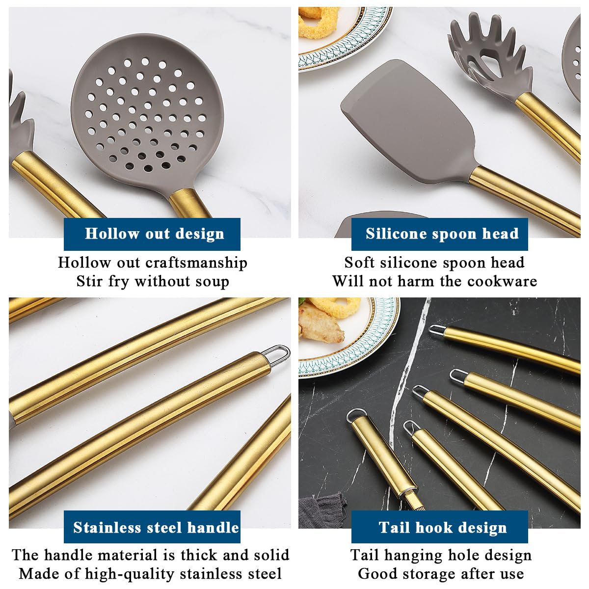 Gold Kitchen Utensils Set, Kyraton 38 Pieces Non-Stick Silicone Cooking Utensils Set, Spoon Spatula Set with Sturdy Stainless Steel Utensil Holder, Dishwasher Safe