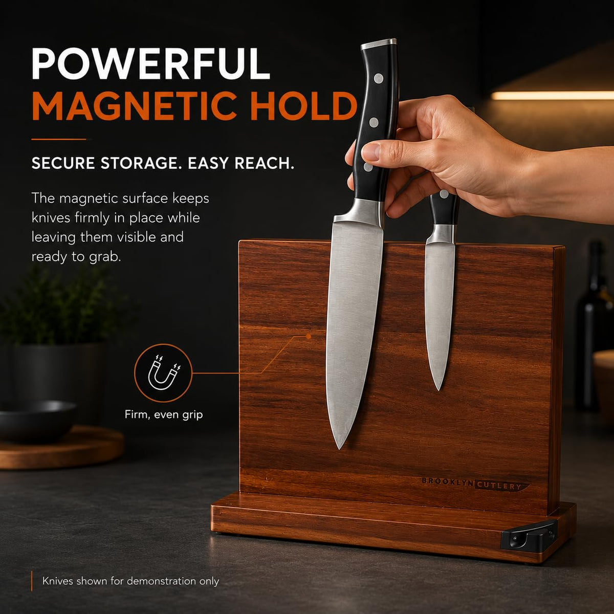 BROOKLYN CUTLERY Magnetic Knife Block, Acacia Wood Magnetic Knife Holder for Kitchen Counter Universal Knife Block Without Knives (12 x 10 With Sharpener)