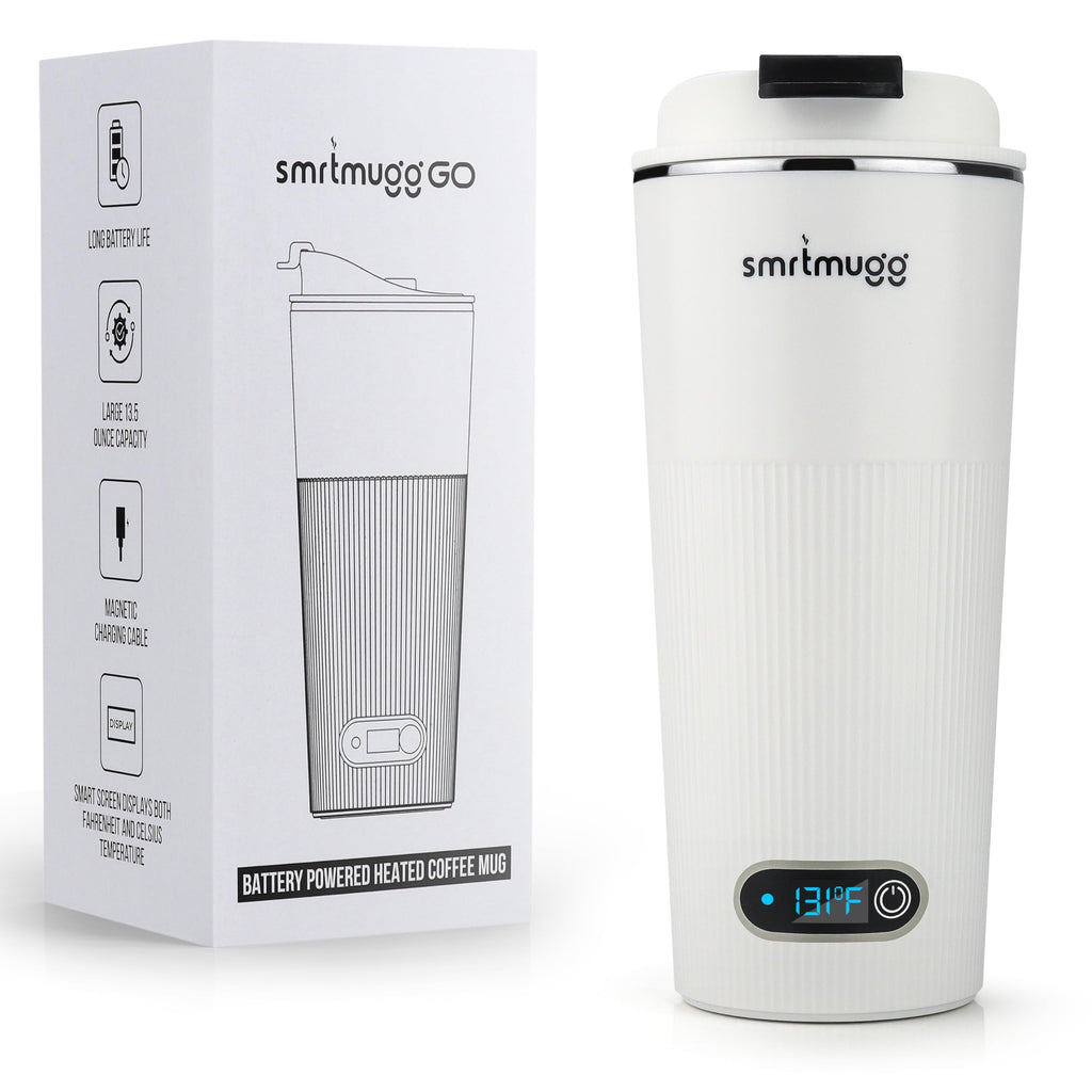 SmrtMugg GO Heated Coffee Mug, Travel Mug, 13.5 OZ. Smart Mug, Battery Powered Heated Coffee Mug, Great for Coffee and Tea, Snap on Magnetic Charging Cord, New and Improved (White)
