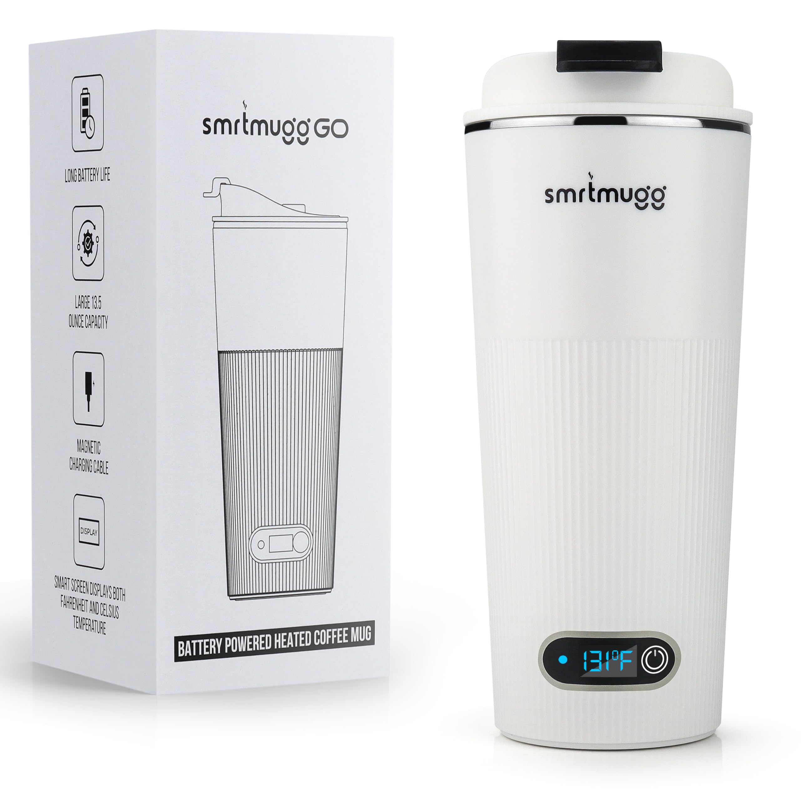 SmrtMugg GO Heated Coffee Mug, Travel Mug, 13.5 OZ. Smart Mug, Battery Powered Heated Coffee Mug, Great for Coffee and Tea, Snap on Magnetic Charging Cord, New and Improved (White)