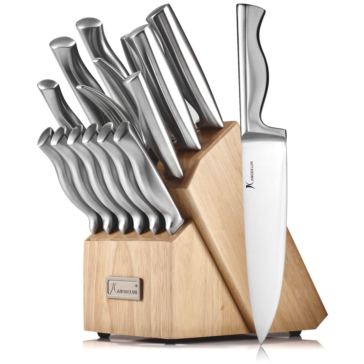 KANGDELUN 15‑Pc Kitchen Knife Set w/Block & Sharpener, Ultra Sharp 50Cr15MoV High Carbon Stainless Steel Blades, Ergonomic Anti‑Slip Handles, Angled Wood Block, Chef Knife, 6 Steak Knives & Shears