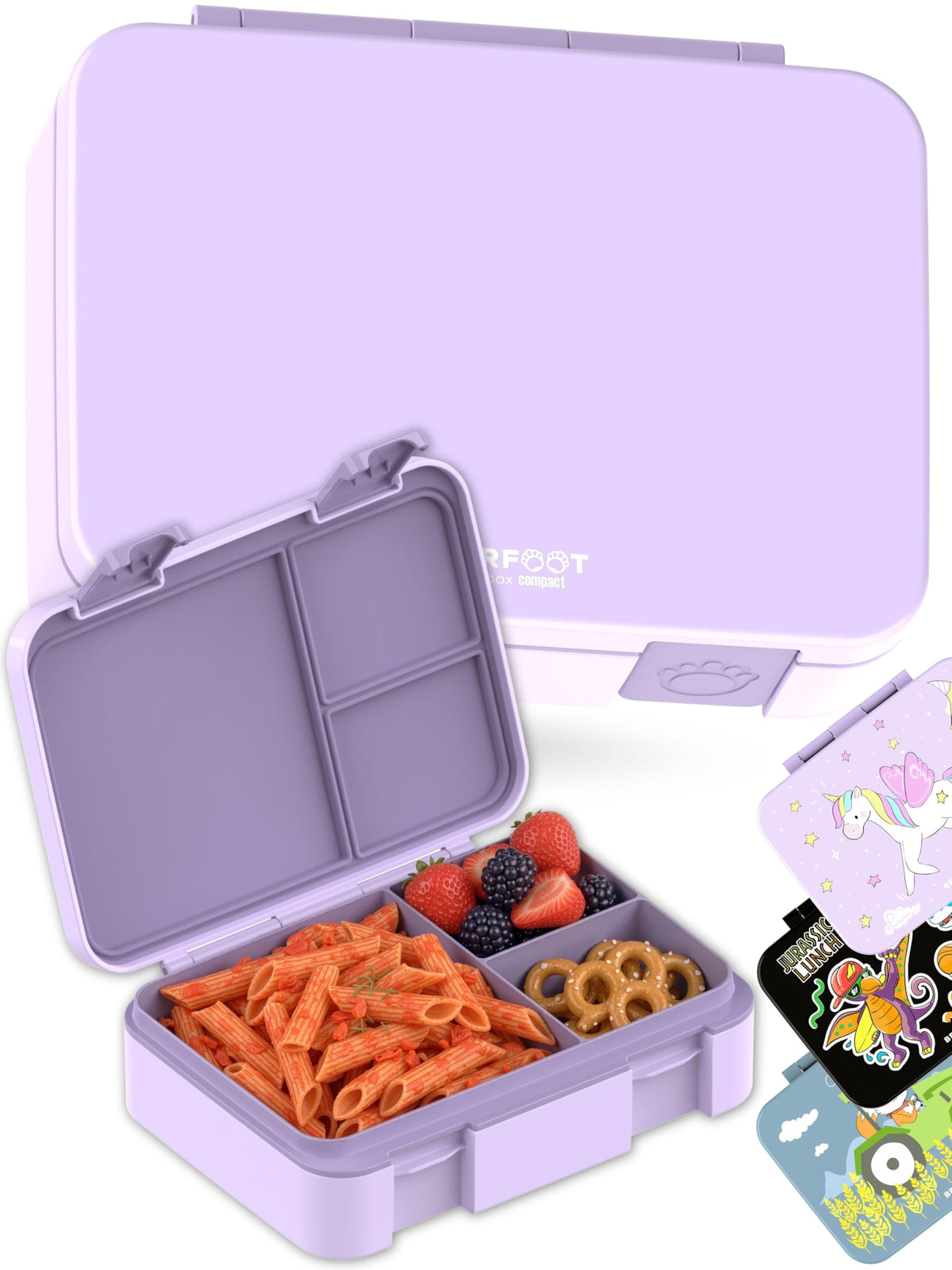 BEARFOOT Kids Lunch Box with Compartments – Compact & Lightweight | Leak-Proof, BPA-Free, Dishwasher Safe | Hand-Drawn Design for Preschool, School, Travel (Sticker Purple, 2.75 Cups)