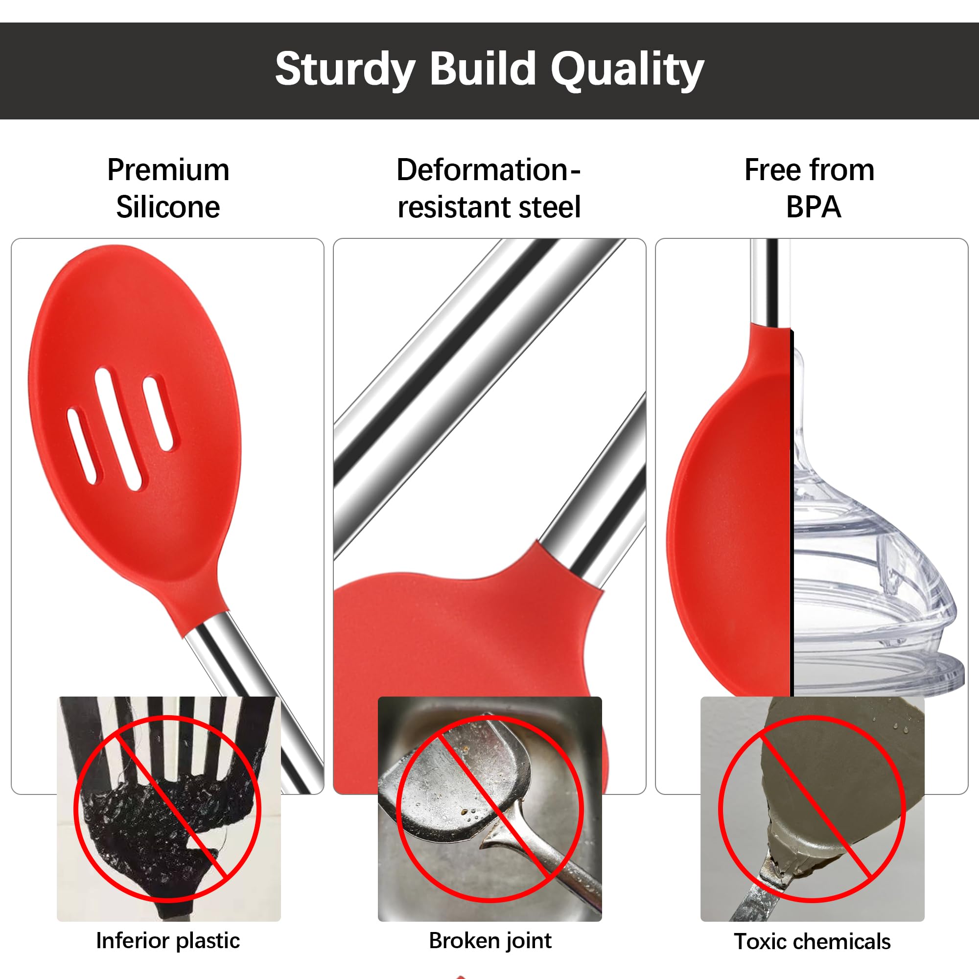 Silicone Spatula Spoon Set, 4 PCS Silicone Cooking Utensils Spatula Spoon Set with Stainless Steel Handle, BPA Free Kitchen Turners for Frying, Mixing, Serving, Draining, Turning, Stirring, Red
