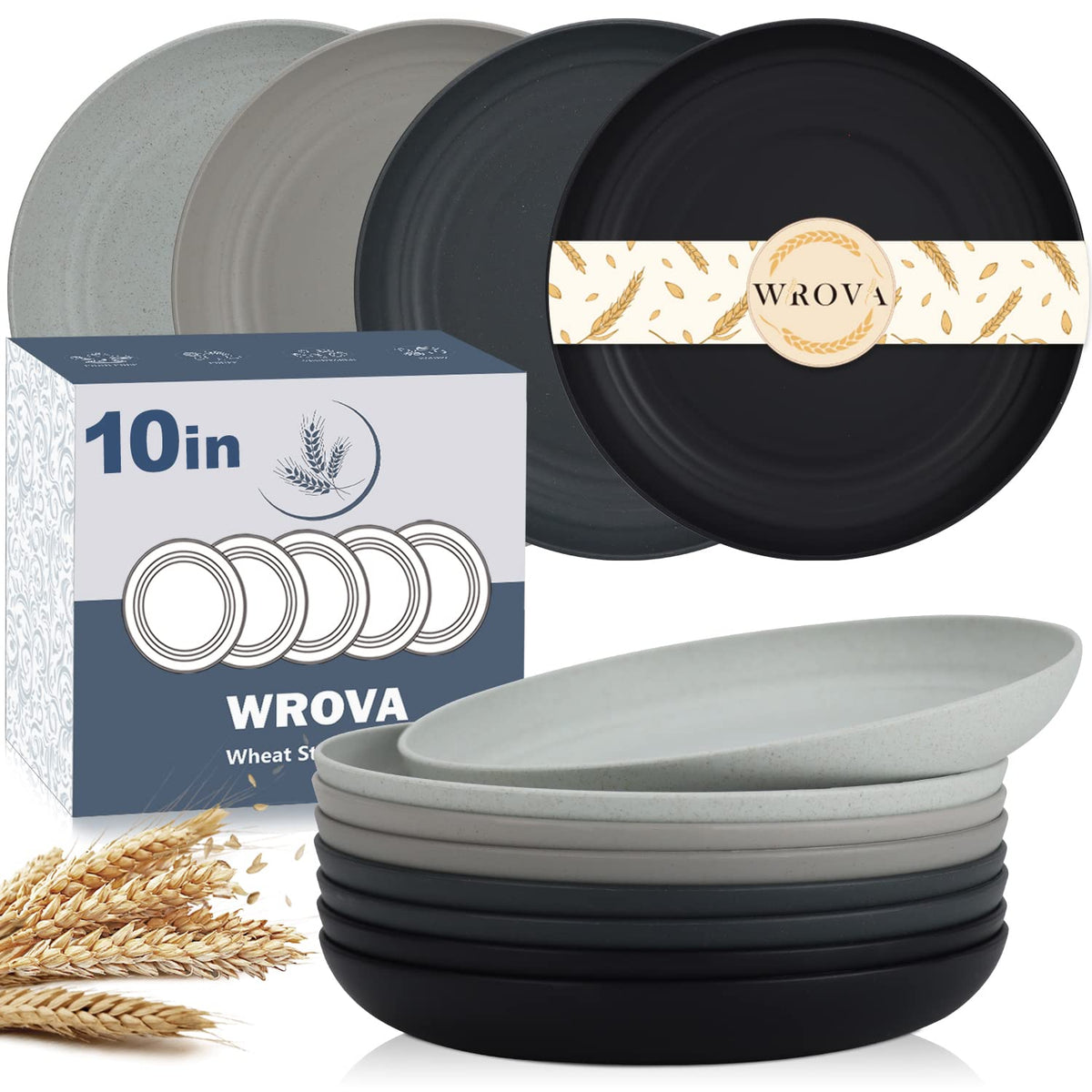 Wrova Wheat Straw Plates - 8 Inch Unbreakable Dinner Plates Set of 8 - Dishwasher & Microwave Safe Plastic Plates Reusable - Lightweight Plates for kitchen,R.V (pure black)