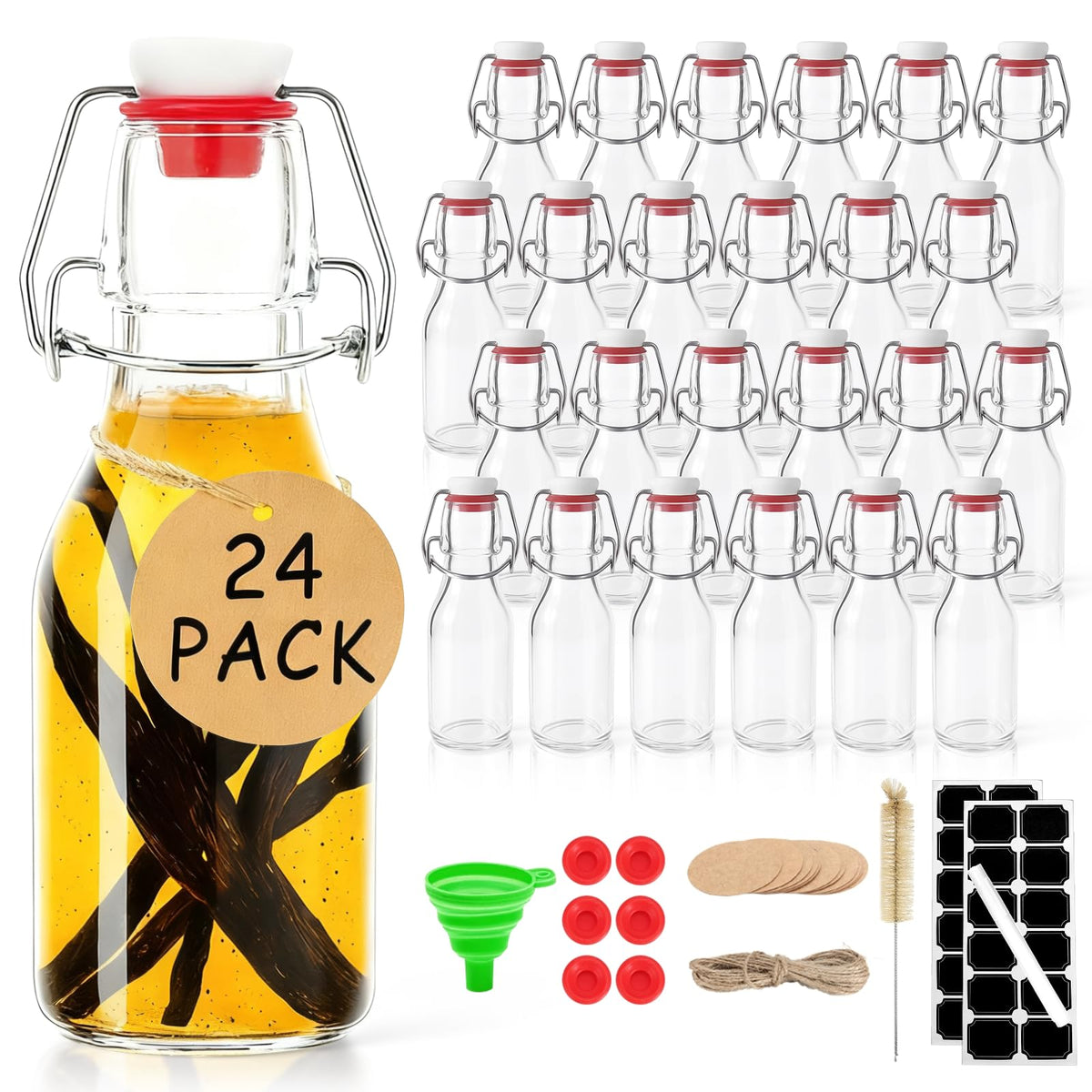 Ruckae 24pack 4oz Swing Top Glass Bottles with Airtight Lids for Vanilla