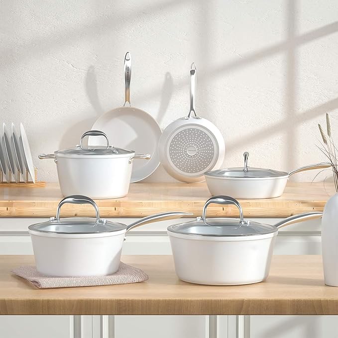 COOKSMARK Nonstick Ceramic Cookware Set, Induction & Dishwasher Safe Scratch-Resistant Pots and Pans Set with Glass Lids 10 Pieces, White