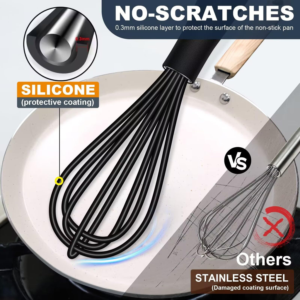 Eddeas Silicone Mini Whisk, Small whisks Non-Stick Tiny Whisks set of 2（5.5in & 7.5in）-Heat Resistant (450°F) Whisks, Balloon Egg Beater Perfect for Whisking, Beating, Mixing, Blending, Black