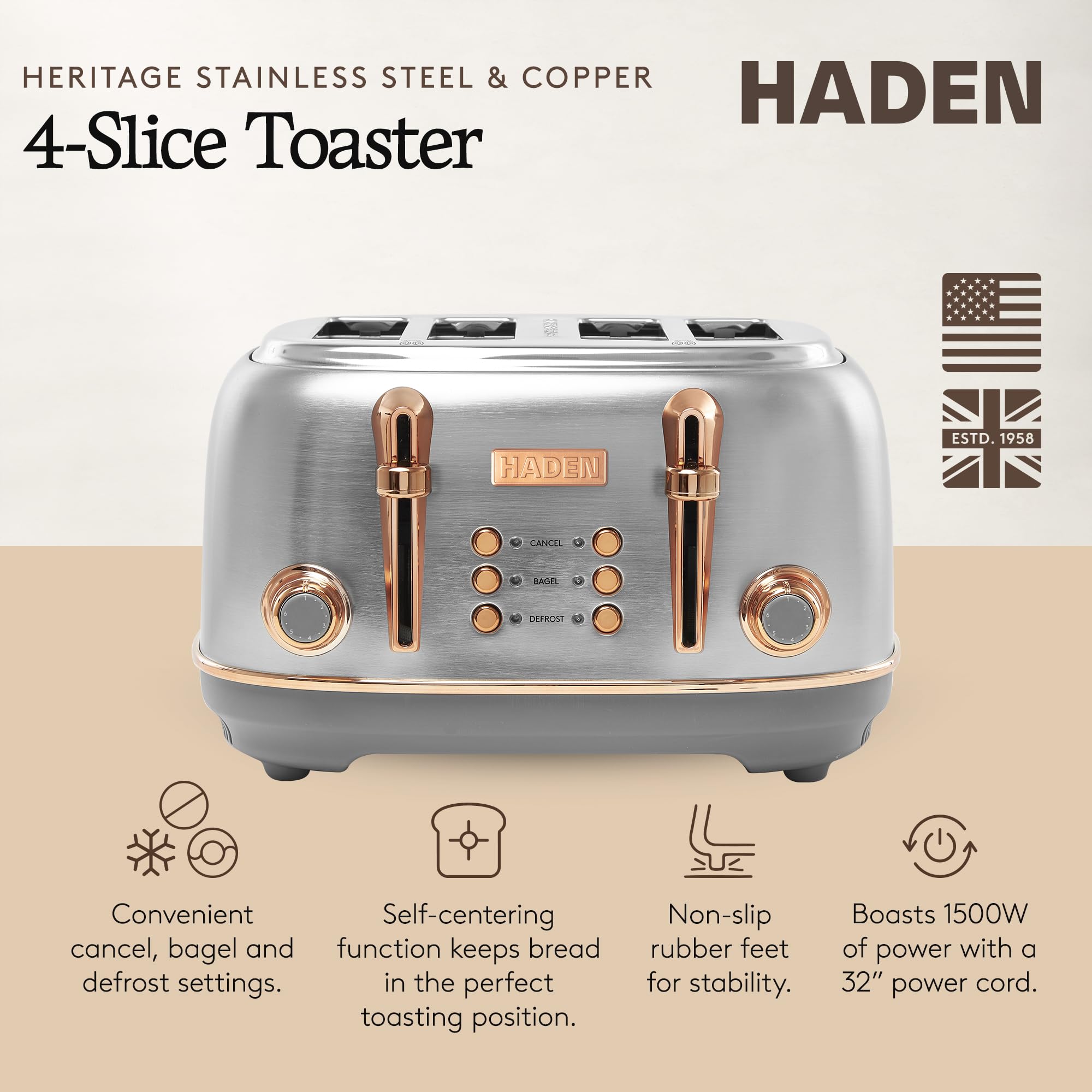 Haden Heritage 4 Slice Wide Slot Stainless Steel Toaster