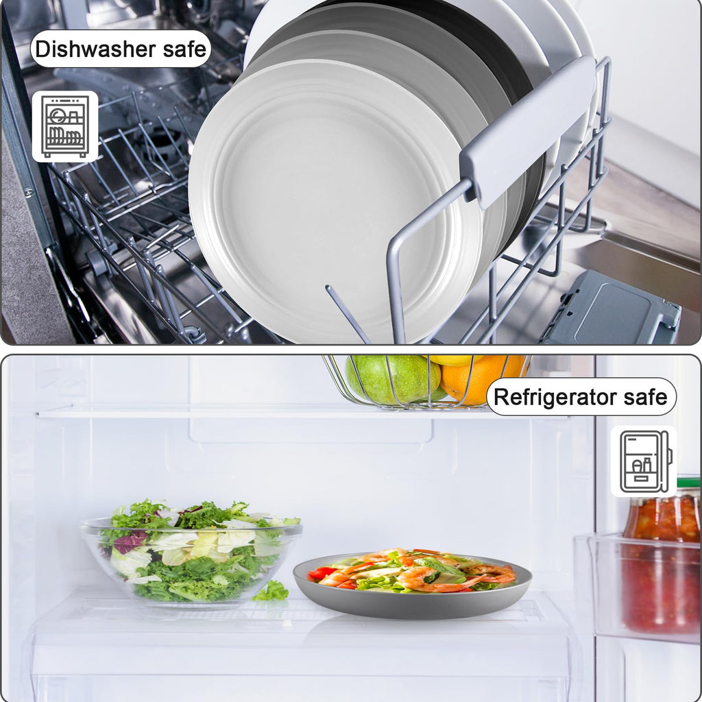 HEYCOME 12 Pcs Unbreakable Deep Dinner Plates Set, 10 inch Reusable Plastic Wheat Straw Plates, Microwave and Dishwasher Safe Plate for Kitchen, Lightweight Plate for Dessert, BPA Free, Gray