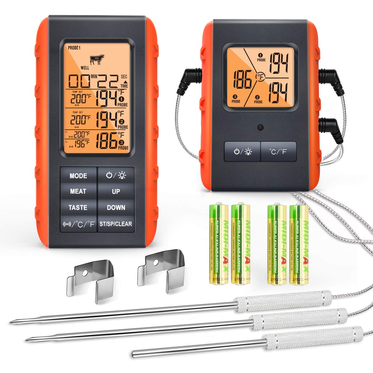 Wireless Meat Thermometer for Grilling and Smoking, Food Thermometer for BBQ Smoker Oven Cooking Steak, Grill Thermometer for Outside Grill with 4 Meat Probes, Kitchen Timer