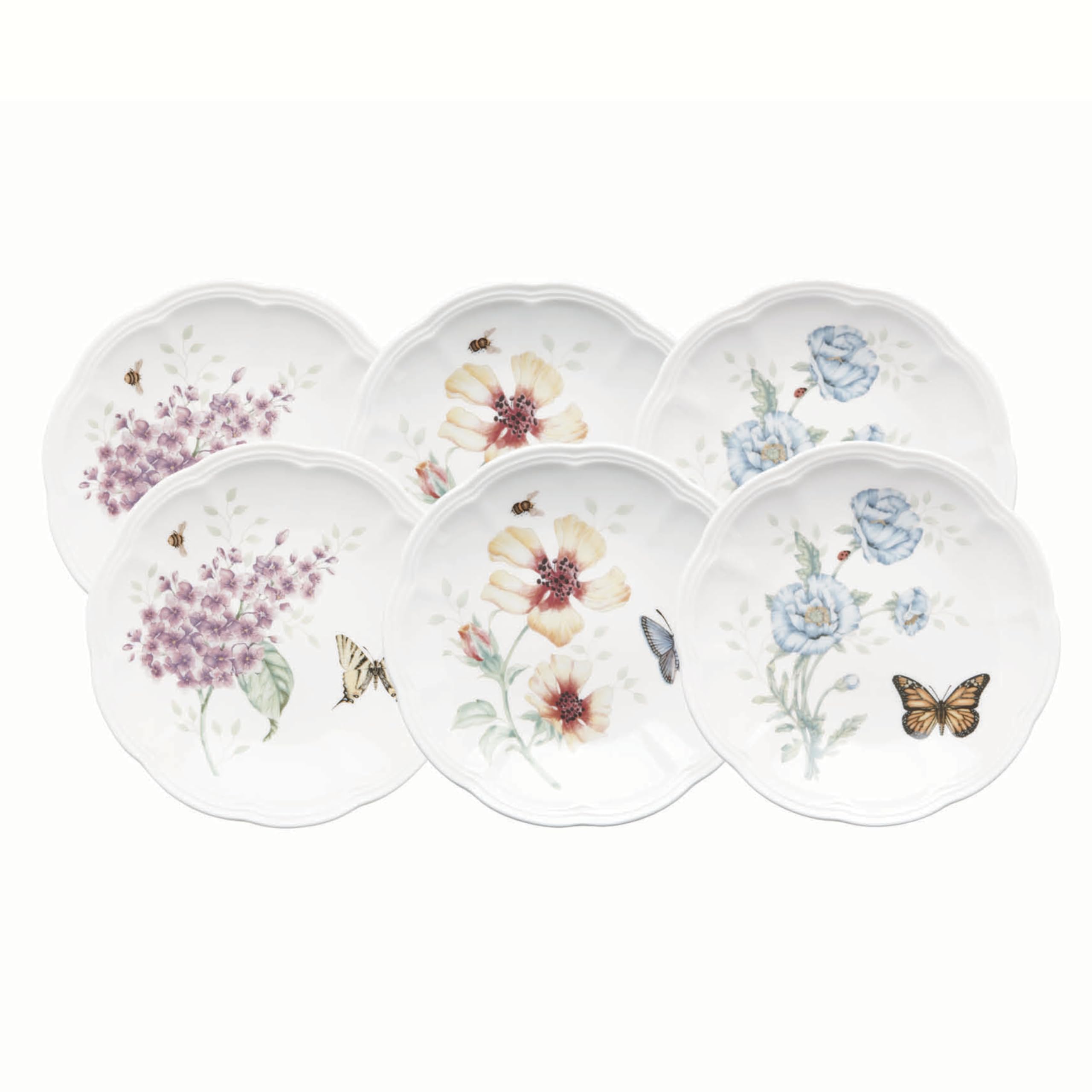 Lenox Dinnerware Set, Butterfly Meadow 6-Piece Tidbit Plate Set, Service For 6, Durable Porcelain Appetizer Plates, Dishwasher And Microwave Safe, Ceramic Plates, Salad Plate (Assorted, 6 Piece)